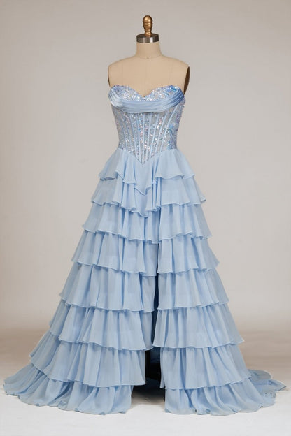 Sky Blue - Strapless A Line Chiffon Ruffled Long Formal Prom Dresses With Sequins