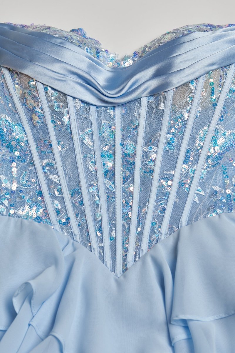 Sky Blue - Strapless A Line Chiffon Ruffled Long Formal Prom Dresses With Sequins
