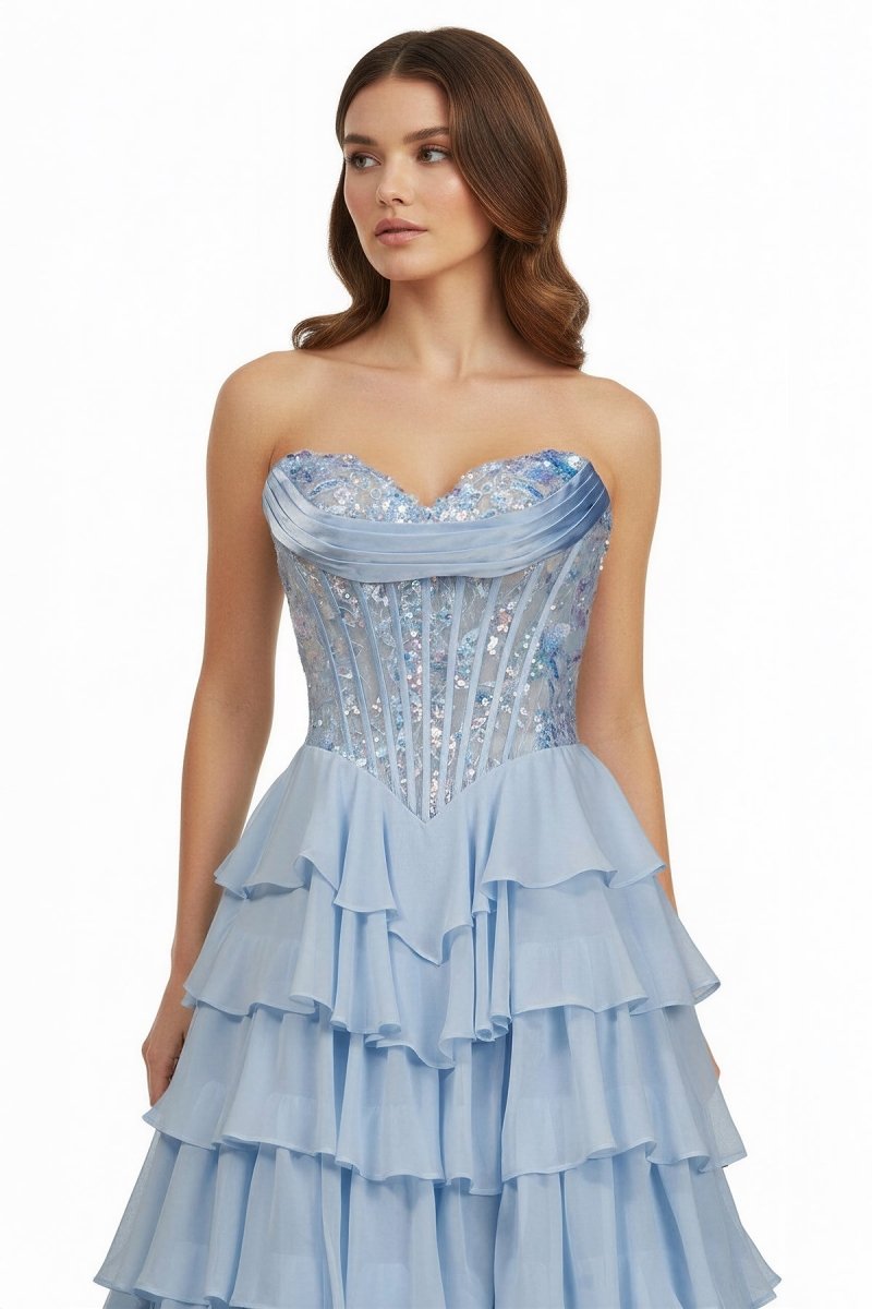 Sky Blue - Strapless A Line Chiffon Ruffled Long Formal Prom Dresses With Sequins