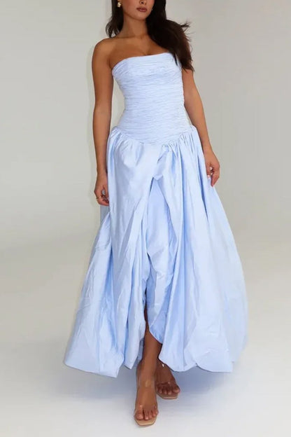 Sky Blue - Strapless A Line Satin Pleated Prom Dresses With Slit