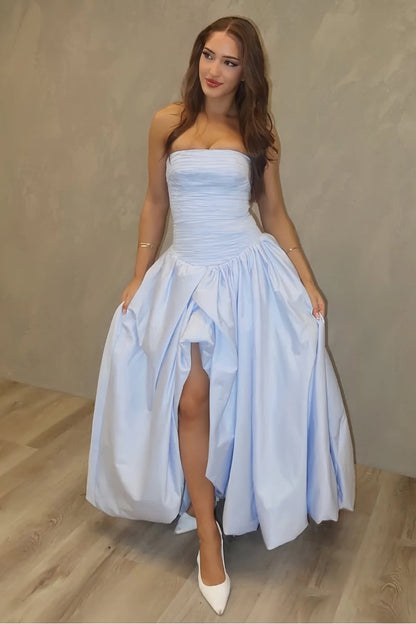 Sky Blue - Strapless A Line Satin Pleated Prom Dresses With Slit