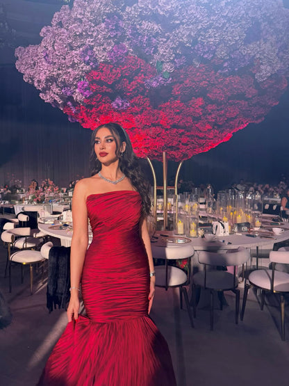 Strapless Red Sleeveless Ruffles Mermaid Foraml Women Evening Dress