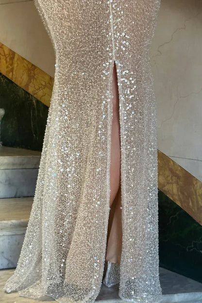 Simple Pink Mermaid Straps Sequin Prom Dresses With Split