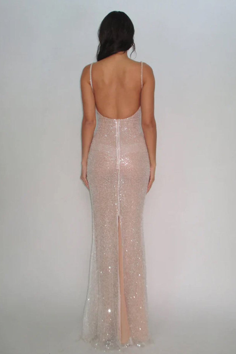 Simple Pink Mermaid Straps Sequin Prom Dresses With Split