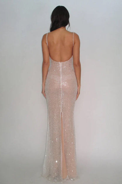Simple Pink Mermaid Straps Sequin Prom Dresses With Split