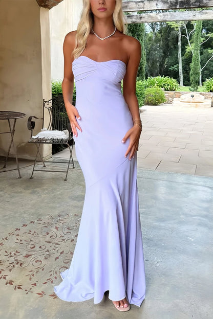 Lilac - Mermaid Strapless Spandex Long Prom Dresses with Pleates