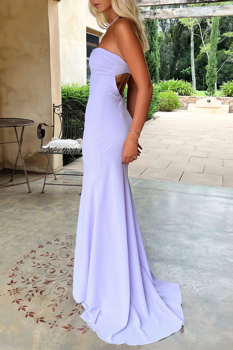 Lilac - Mermaid Strapless Spandex Long Prom Dresses with Pleates