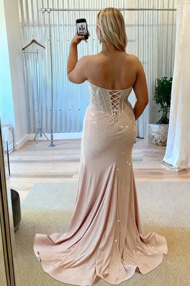 Sky Blue - Strapless Mermaid Satin Beaded Long Formal Prom Dresses With Slit