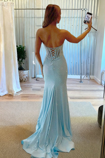 Sky Blue - Strapless Mermaid Satin Beaded Long Formal Prom Dresses With Slit