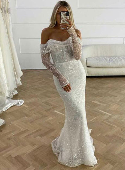 Mermaid Fitted Wedding Dresses Sequined Long Sleeves