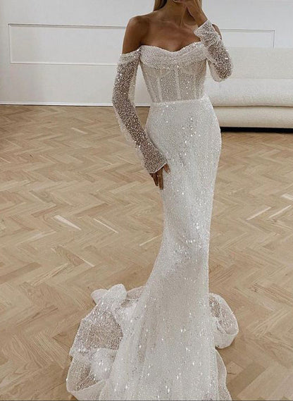 Mermaid Fitted Wedding Dresses Sequined Long Sleeves