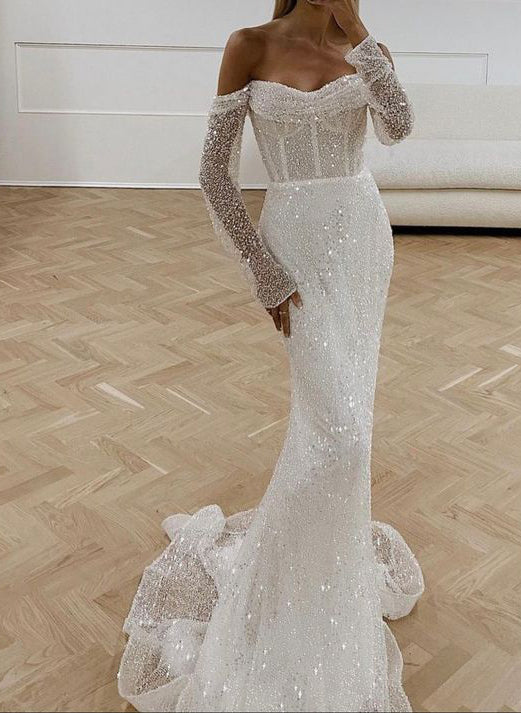 Mermaid Fitted Wedding Dresses Sequined Long Sleeves
