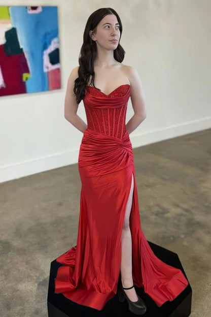 Red - Sweetheart Mermaid Satin Beaded Prom Dressed With Slit