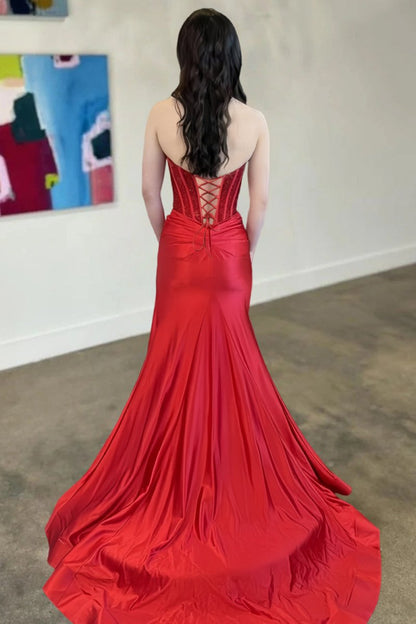 Red - Sweetheart Mermaid Satin Beaded Prom Dressed With Slit
