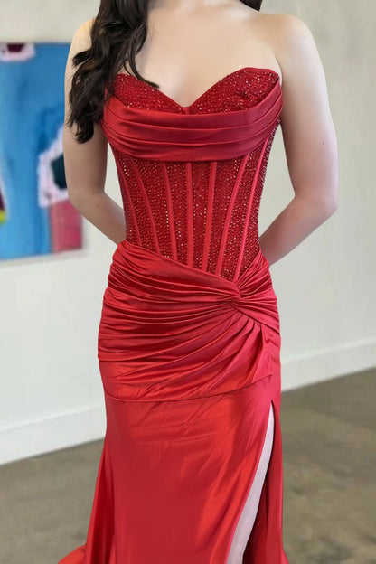 Red - Sweetheart Mermaid Satin Beaded Prom Dressed With Slit