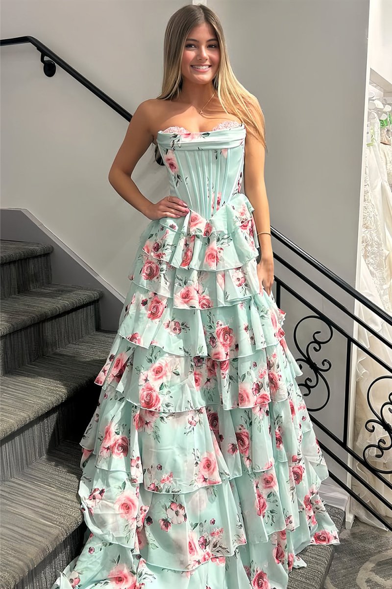 Mint Green - Strapless A Line Chiffon Ruffled Long Prom Dresses With Floral