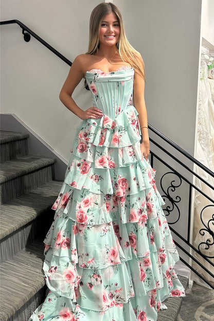 Mint Green - Strapless A Line Chiffon Ruffled Long Prom Dresses With Floral