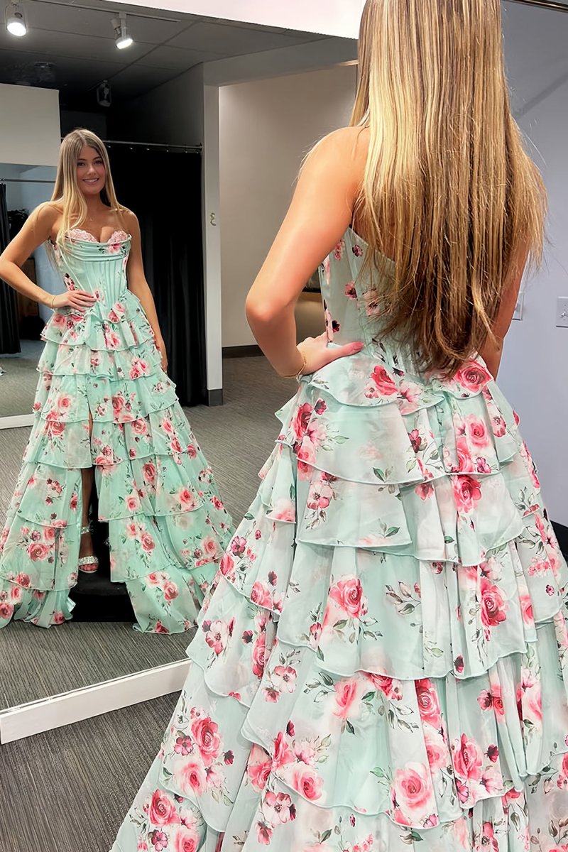 Mint Green - Strapless A Line Chiffon Ruffled Long Prom Dresses With Floral