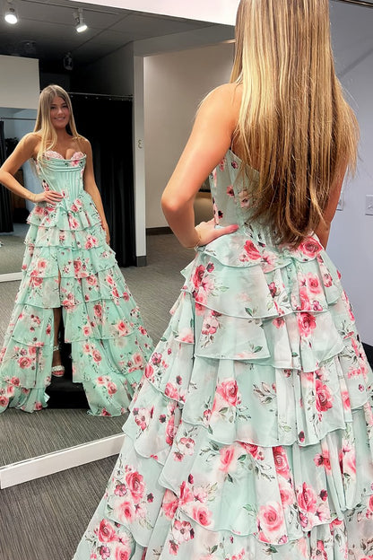 Mint Green - Strapless A Line Chiffon Ruffled Long Prom Dresses With Floral
