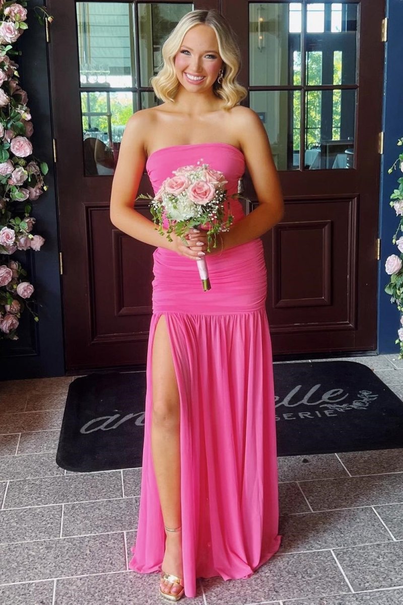 Hot Pink - Sheath Strapless Pleated Chiffon Long Prom Dresses
