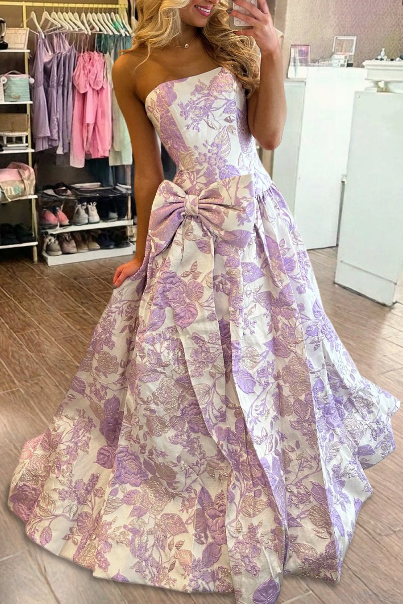 Lavender - Strapless A Line Floral Printed Long Formal Prom Dresses With Bow
