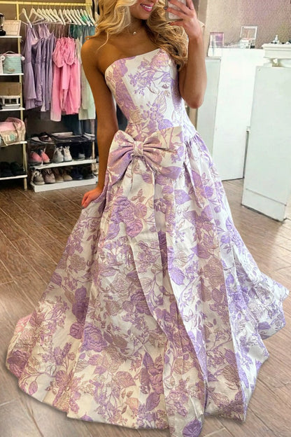 Lavender - Strapless A Line Floral Printed Long Formal Prom Dresses With Bow