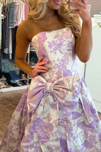 Lavender - Strapless A Line Floral Printed Long Formal Prom Dresses With Bow
