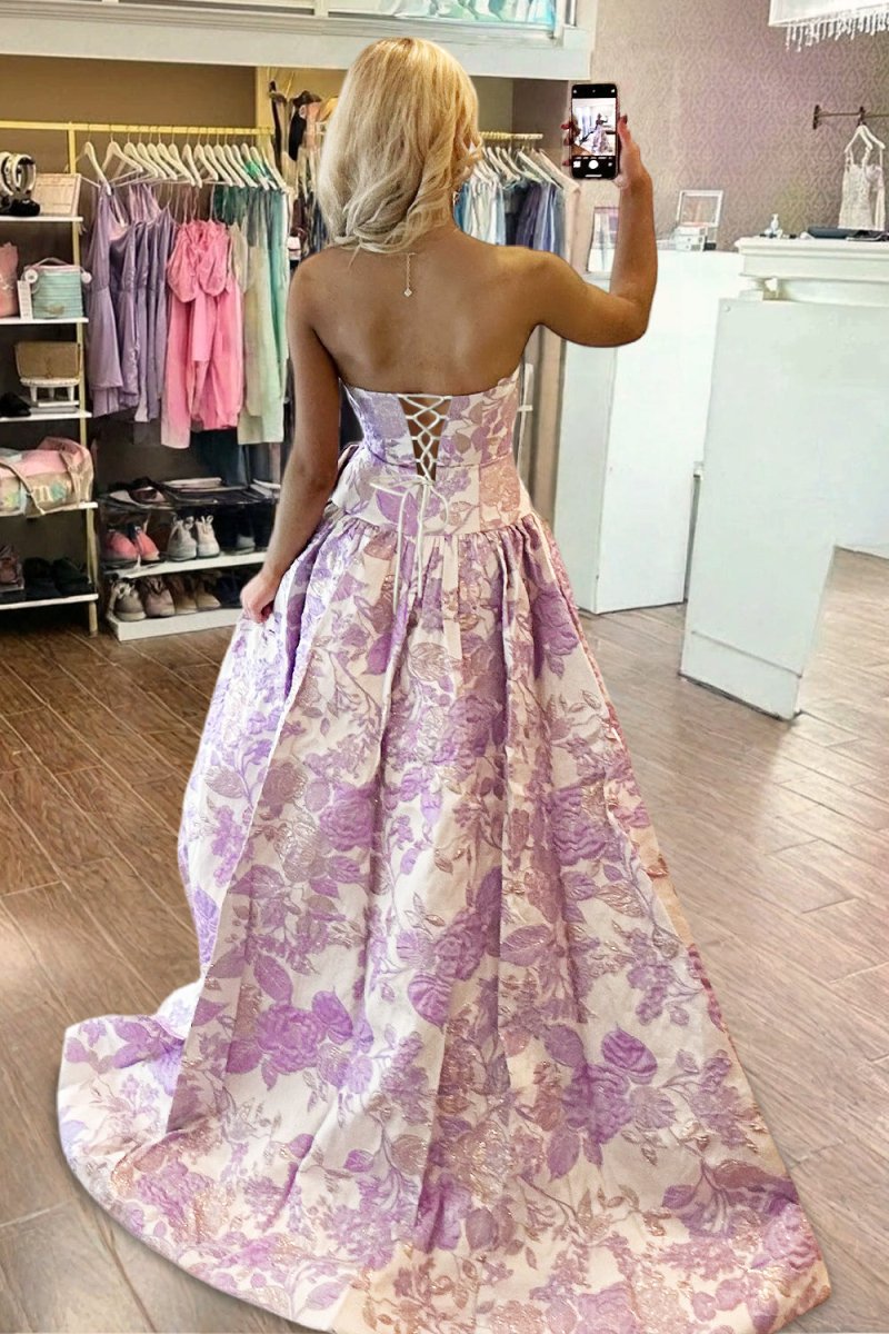 Lavender - Strapless A Line Floral Printed Long Formal Prom Dresses With Bow