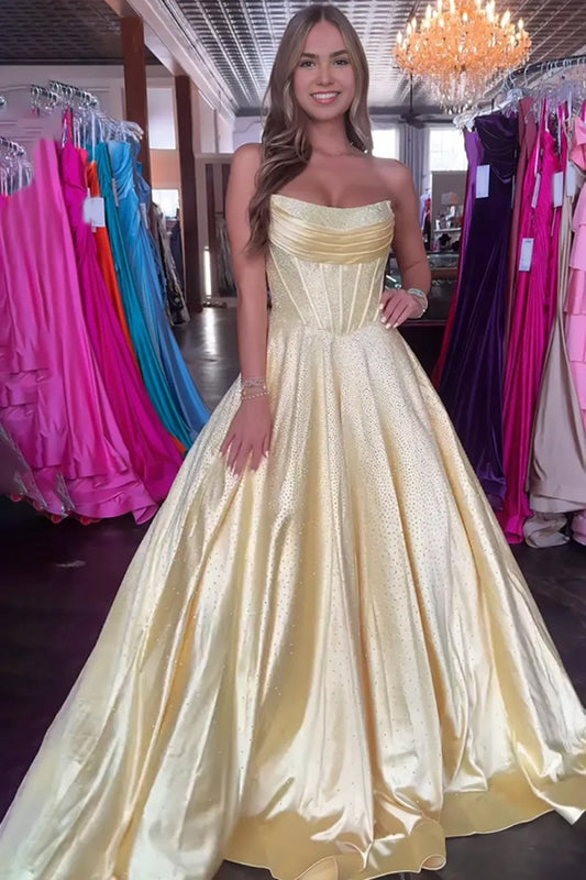 Yellow - Strapless A Line Satin Beaded Long Prom Dresses With Pockets