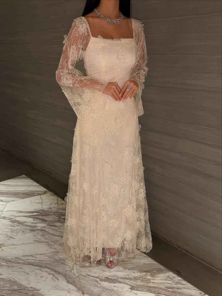 Lace Square Neck Long Sleeve A-Line Ankle-Length Evening Dresss