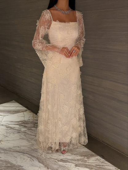 Lace Square Neck Long Sleeve A-Line Ankle-Length Evening Dresss