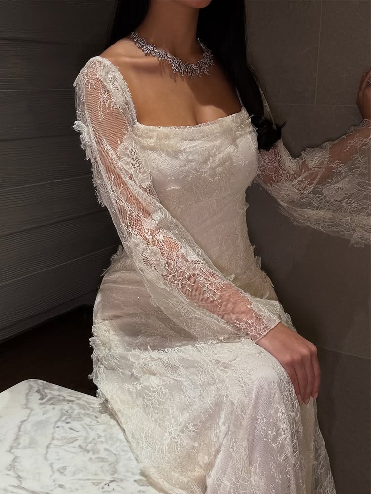 Lace Square Neck Long Sleeve A-Line Ankle-Length Evening Dresss