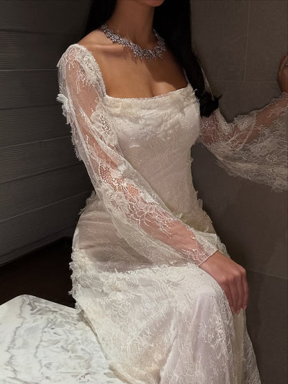 Lace Square Neck Long Sleeve A-Line Ankle-Length Evening Dresss