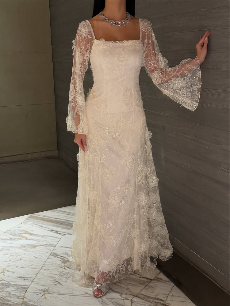 Lace Square Neck Long Sleeve A-Line Ankle-Length Evening Dresss