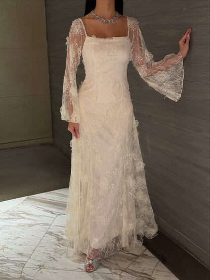 Lace Square Neck Long Sleeve A-Line Ankle-Length Evening Dresss