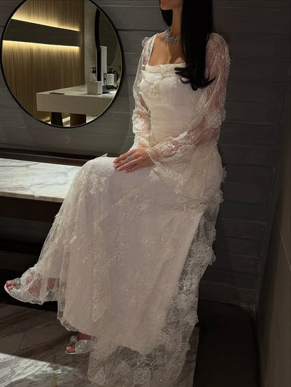 Lace Square Neck Long Sleeve A-Line Ankle-Length Evening Dresss
