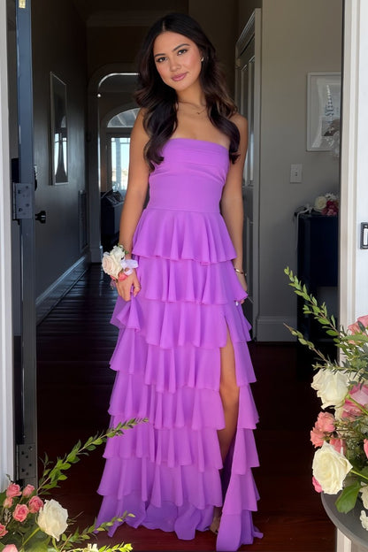 Purple - Strapless A Line Chiffon Long Prom Dress With Ruffles