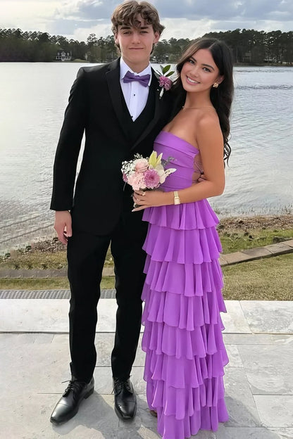 Purple - Strapless A Line Chiffon Long Prom Dress With Ruffles