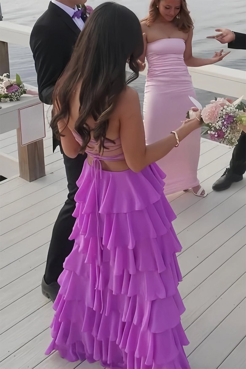 Purple - Strapless A Line Chiffon Long Prom Dress With Ruffles