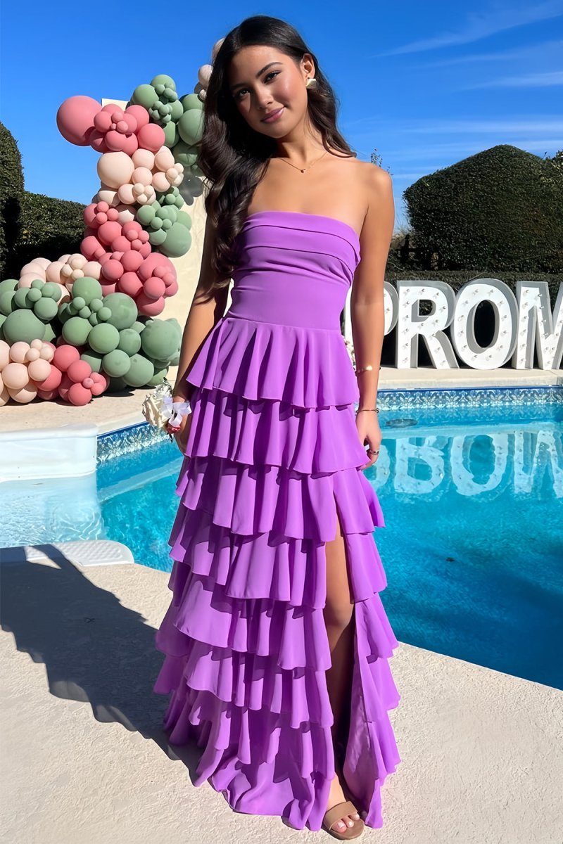 Purple - Strapless A Line Chiffon Long Prom Dress With Ruffles