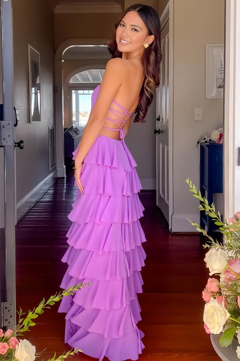 Purple - Strapless A Line Chiffon Long Prom Dress With Ruffles