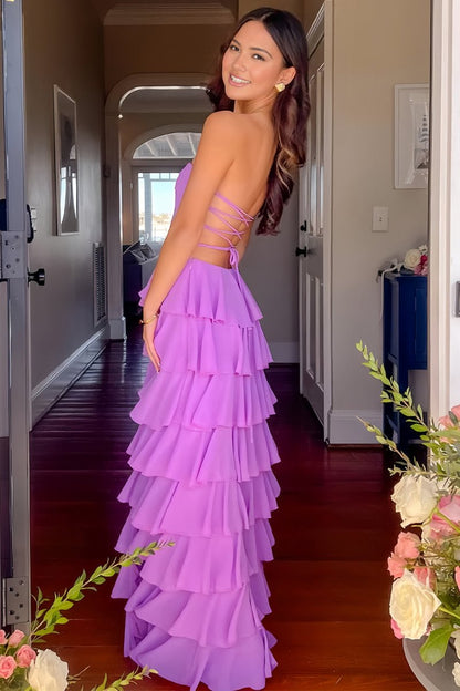 Purple - Strapless A Line Chiffon Long Prom Dress With Ruffles