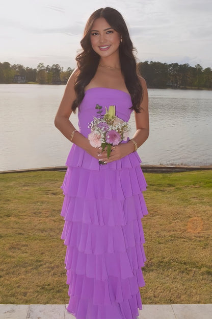 Purple - Strapless A Line Chiffon Long Prom Dress With Ruffles