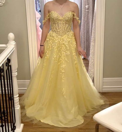 Off Shoulder Daffodial Yellow Prom Dress Sweetheart A Line Tulle