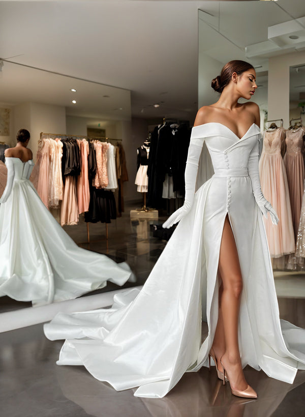Off-The-Shoulder Court Train Satin Wedding Dresses Detachable Train