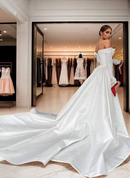 Off-The-Shoulder Court Train Satin Wedding Dresses Detachable Train