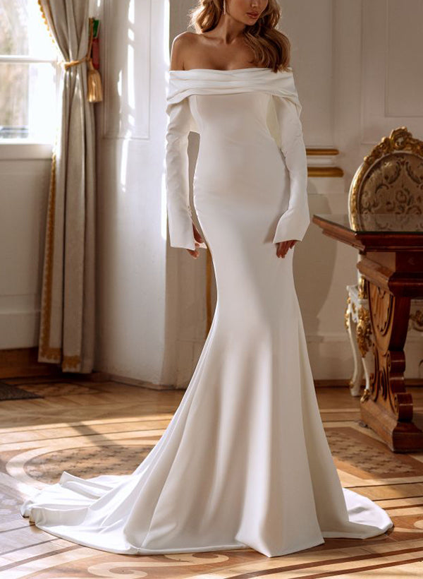Off-The-Shoulder Long Sleeves Elastic Satin Wedding Dress