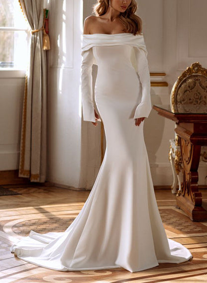 Off-The-Shoulder Long Sleeves Elastic Satin Wedding Dress