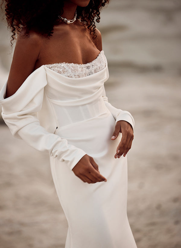 Off-The-Shoulder Long Sleeves Satin Wedding Dresses Sequins