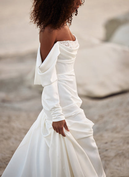 Off-The-Shoulder Long Sleeves Satin Wedding Dresses Sequins